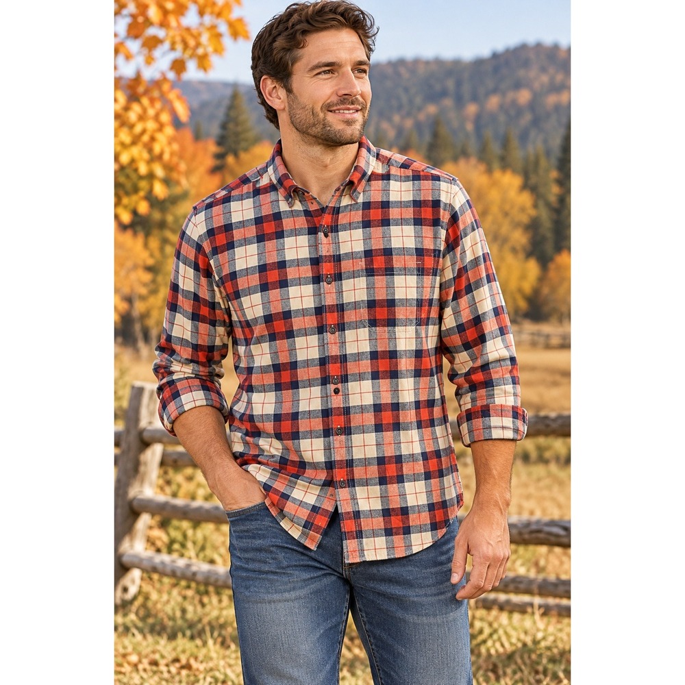 American Eagle Flannel Shirt Men Large Orange Blue Plaid Classic Fit Cotton